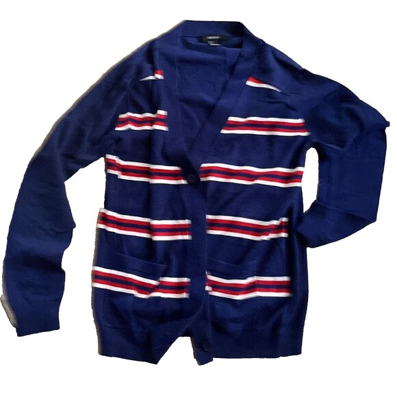 Forever 21 Sweater Cardigan Long Sleeve Blue Red White Stripe Small Retro Preppy - Picture 1 of 2